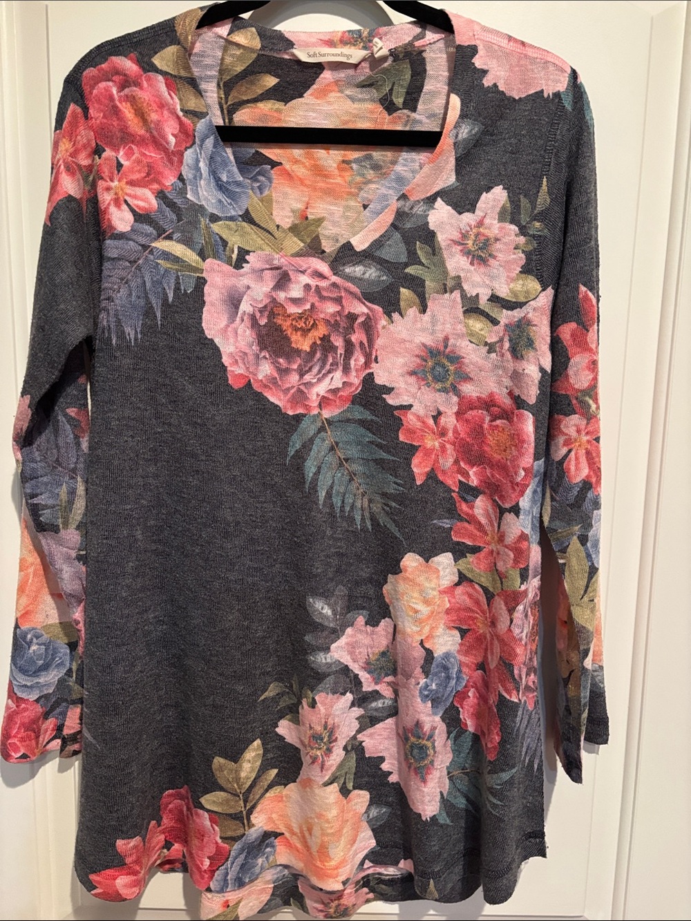 Soft Surroundings Charcoal Floral V-Neck Tunic
